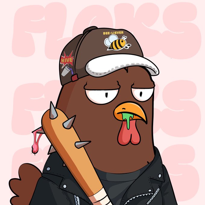 A cartoon chicken-like character wearing a 'BEE-LIEVER' cap, holding a spiked baseball bat, and biting a severed rat's tail, set against a pink background.