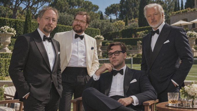 Four men in formal tuxedos posing together in an elegant outdoor setting with manicured gardens and classical architecture in the background.