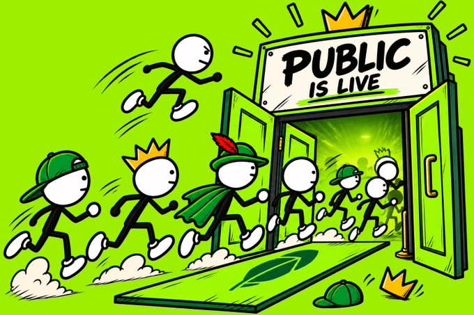 A vibrant cartoon illustration on a bright green background showing stick figures excitedly running through green doors marked with a 'PUBLIC IS LIVE' sign, with some characters wearing crowns or baseball caps.