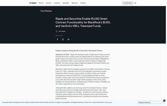 A Ripple press release announcing 'Ripple and Securitize Enable RLUSD Smart Contract Functionality for BlackRock's BUIDL and VanEck's VBILL Tokenized Funds', dated May 23, 2025.