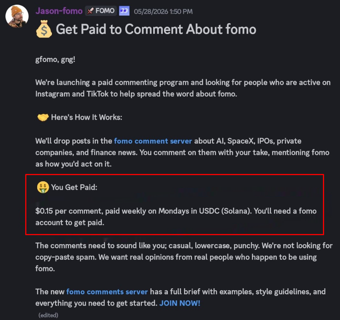 A Discord announcement from Jason-fomo on May 28, 2026, promotes Fomo's paid commenting program offering $0.15 per comment, paid weekly in USDC on Solana, as the accompanying post criticizes Fomo for paying less than pumpfun's $0.25 referral incentive.