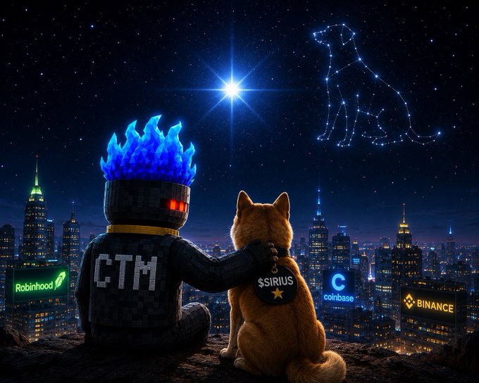 The image shows a stylized nighttime cityscape where a black-clad, pixelated figure with a glowing blue flame head and a red glowing eye sits beside an orange Shiba Inu dog with "$SIRIUS" emblazoned on its back, while a constellation forms the shape of a dog in the starry sky above. Neon signs for Robinhood, Coinbase, and Binance illuminate the urban skyline in the background, directly tying into the post's promotion of "$SIRIUS" by suggesting it's the next breakout memecoin like the previously missed $BASECAT and $FLORK.
