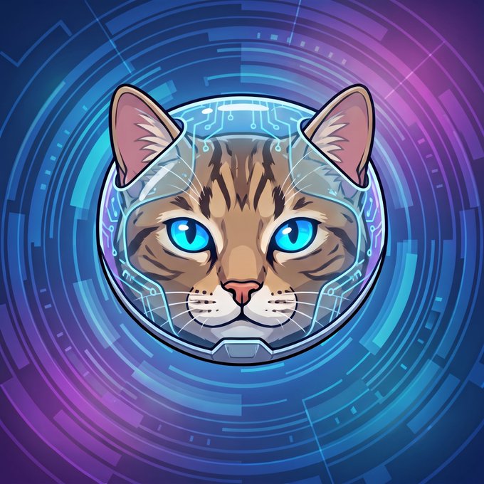 A digital illustration of a tabby cat with bright blue eyes wearing a futuristic cyberpunk helmet, set against a blue and purple circular technological background.