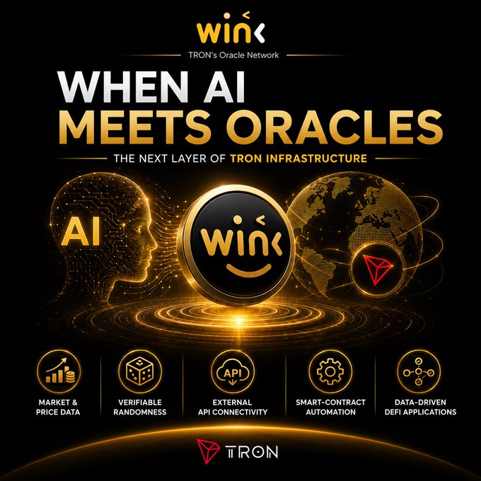 A promotional graphic titled 'WHEN AI MEETS ORACLES' for TRON's Oracle Network (WINk), featuring icons for market data, verifiable randomness, and smart-contract automation.