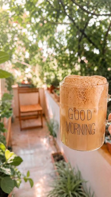A frothy coffee fills a clear mug reading "GOOD MORNING," held up against a lush, plant-filled balcony bathed in soft morning light. The image perfectly complements the "GM family" greeting, capturing a peaceful coffee moment to start the day.