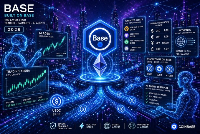 A futuristic infographic for Coinbase's 'Base' network built on Ethereum Layer 2, highlighting its role in trading, payments, and AI agents, featuring a $2.4M AI agent trade, USDC stablecoin at $1.00, and global currencies like USD, EUR, JPY, and GBP.