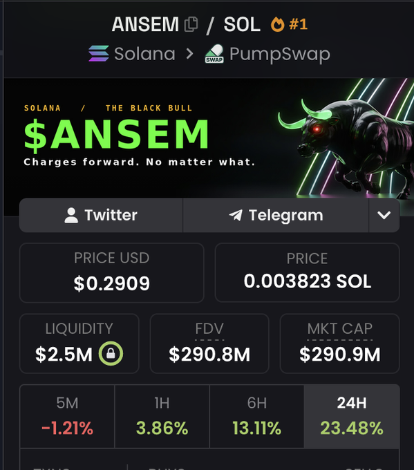 The image displays a trading dashboard for the $ANSEM token on the Solana blockchain via PumpSwap, showing a price of $0.2909 (0.003823 SOL), a market cap of $290.9M, liquidity of $2.5M, and a 24H gain of 23.48%. This aligns with the post's bullish sentiment, as the impressive 24-hour surge of 23.48% and $290M market cap demonstrate the token's strong upward momentum, validating the message's advice to "buy the dips" and hold for new all-time highs.