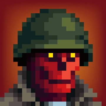 A pixel art portrait of a red-skinned character with glowing yellow eyes wearing a green helmet against a dark orange background.