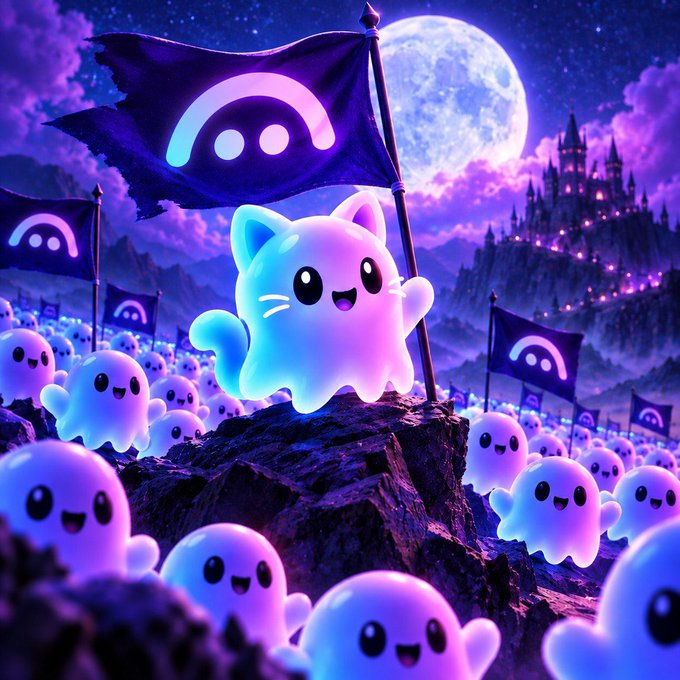 A digital artwork featuring a glowing cat-like character holding a flag with a face logo, surrounded by smaller glowing ghost-like creatures, with a castle on a mountain and a full moon in the background.