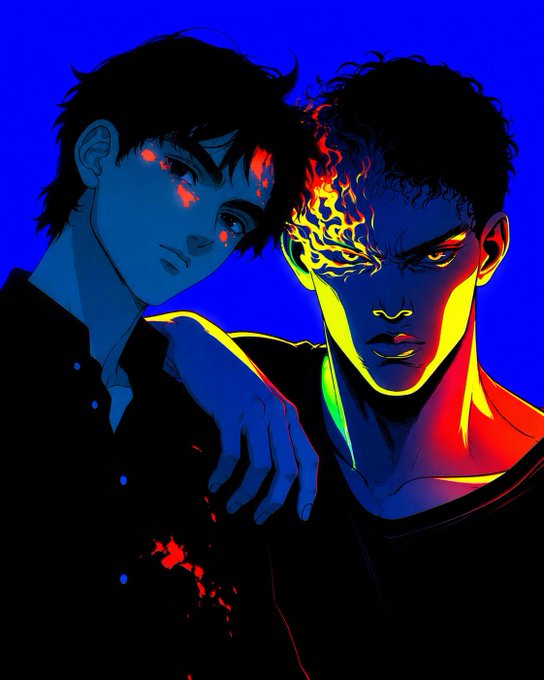 A stylized digital illustration of two anime-style male characters against a vibrant blue background, with the figure on the right having a fiery effect across his face.