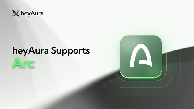 A promotional graphic announcing 'heyAura Supports Arc' with the heyAura logo and a green Arc app icon on a white and dark gradient background.