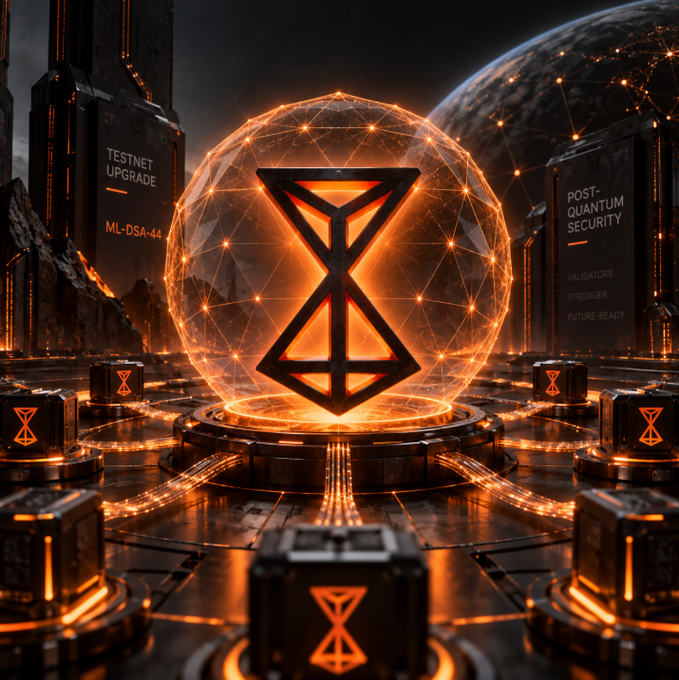 A futuristic digital rendering featuring a glowing orange sphere with an hourglass/X-shaped symbol at its center, surrounded by server-like structures with text reading 'TESTNET UPGRADE ML-DSA-44' and 'POST-QUANTUM SECURITY VALIDATORS STRONGER FUTURE-READY.'