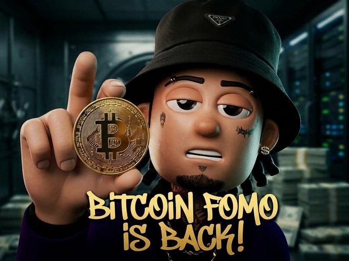 A 3D cartoon-style character wearing a Prada bucket hat holds up a physical Bitcoin coin, with bold yellow text reading "BITCOIN FOMO IS BACK!" against a backdrop of a server room filled with money stacks.