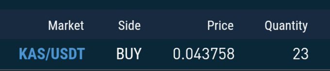 A trading screen displays a "KAS/USDT" buy order at a price of "0.043758" with a quantity of "23".