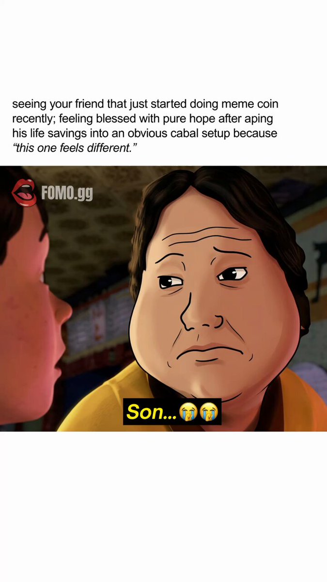 The image shows a cartoon drawing of two people, one with a sad expression and another with an angry expression. The sad character has a caption that reads "seeing your friend just started doing meme coin recently, feeling blessed with pure hope after aging because he loves his life". The angry character also has a caption that says "solana #crypto #memecoin #fomota". This post seems to be about the sadness of losing a friend or someone close.