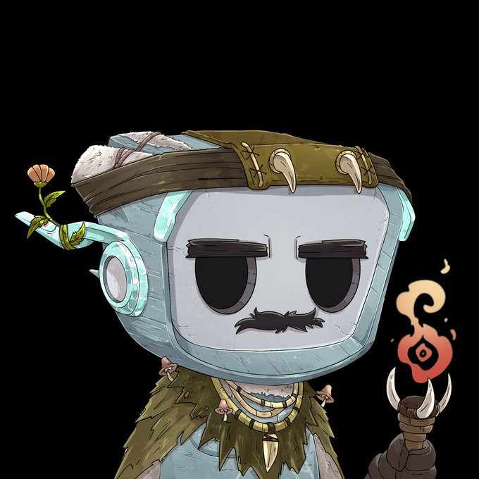 A cartoon character with a TV-shaped head wearing a tribal-style headband with fangs, a grass skirt, and bone necklaces, holding a torch with a flame design on a black background.