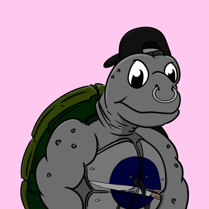 A digital drawing of a muscular grey turtle wearing a backwards black cap and a nose ring, holding a knife, set against a pink background.