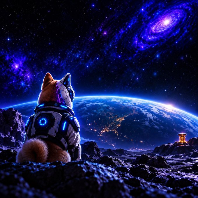 A Shiba Inu dog wearing a futuristic, glowing space suit sits on a rocky surface, gazing at Earth and a swirling purple galaxy from the moon's surface.