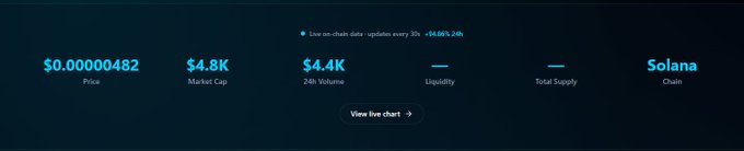 A live on-chain data dashboard displaying real-time metrics for the $URANUS token on the Solana chain, showing a price of $0.000000482, market cap of $4.8K, 24h volume of $4.4K, and noting a 30-second update interval with a recent +34.66% change (24h).
