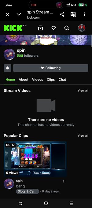 A mobile screenshot of the Kick.com streaming platform shows the 'spin' channel profile with 508 followers, displaying that 'There are no videos' currently available.