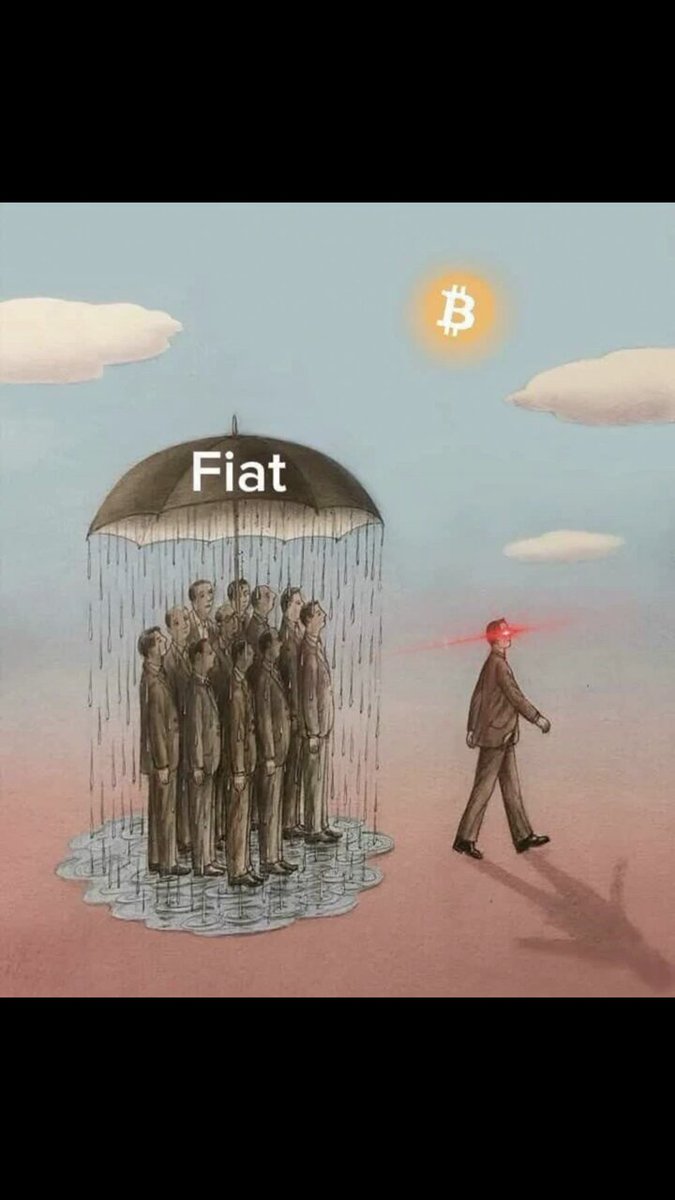 The image features an illustration of a man walking away from a group of people who are holding umbrellas over him, with one umbrella being labeled "Fiat" above his head. The scene suggests that the man is being followed by the group of people under the umbrellas, possibly indicating some sort of chase or pursuit.