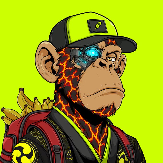 A digital illustration of a cybernetic monkey wearing a neon green and black cap, featuring a glowing blue eye and lava-like cracks on its face, with bananas in its backpack against a green background.