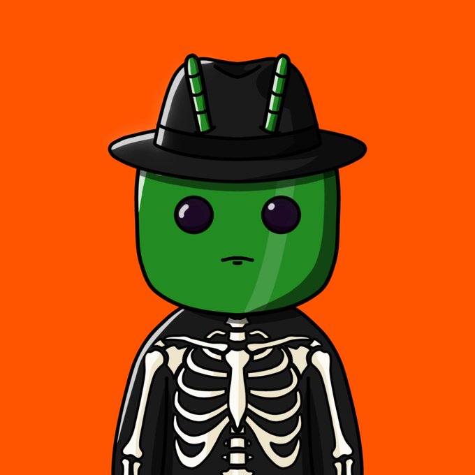 A digital illustration of a green-headed character with purple eyes wearing a black hat with green accents and a black shirt featuring a white skeleton ribcage design, set against an orange background.