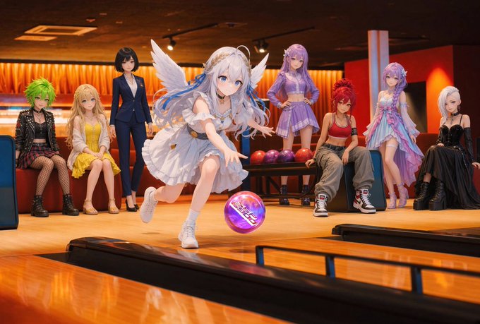 An anime-style 3D render of multiple female characters in a bowling alley, with a winged girl in white leaping forward to bowl a purple ball while others watch from couches.