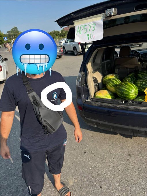 A man with his face covered by a cold/freezing emoji stands next to an SUV loaded with watermelons, a handwritten sign reading "Арбуз 40₽" (Watermelon 40 rubles) propped on the open trunk. The image humorously illustrates the post's theme of a crypto airdrop farmer who, after grinding through projects like $ARB, $OP, $W, and $ZRO, has ended up selling melons by the roadside — a tongue-in-cheek nod to the "airdrop trenches" paying off in unexpected ways.