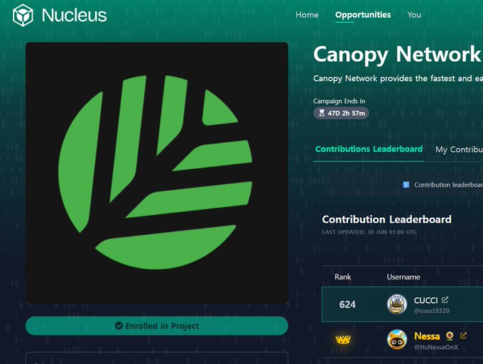 Screenshot of the Nucleus platform's Opportunities page showing the Canopy Network campaign with a green leaf logo, an 'Enrolled in Project' button, and a Contribution Leaderboard listing users CUCCI (rank 624) and Nessa.