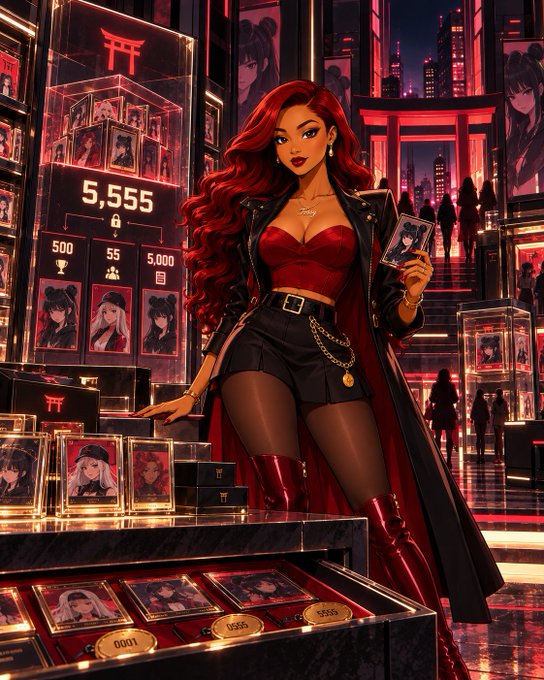 An anime-style digital illustration of a red-haired woman in a red corset, black shorts, and red boots standing in a neon-lit card shop displaying trading cards, with the number '5,555' visible on a display and card numbers including '0001', '0555', and '5555'.