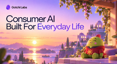 A graphic for 'Gotchi Labs' featuring the text 'Consumer AI Built For Everyday Life' alongside a green and red creature against a Mediterranean-style coastal background.