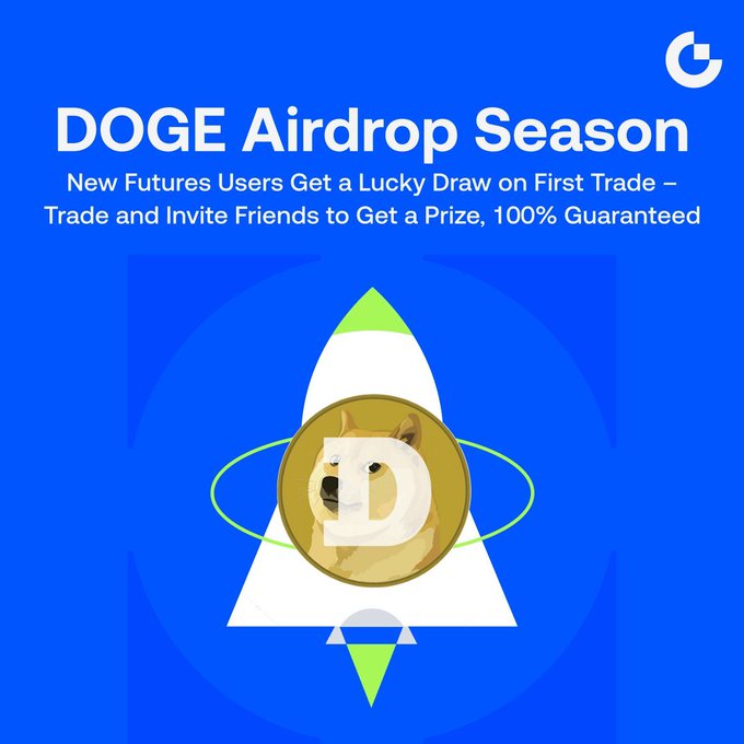 Promotional graphic for Gate.io's "DOGE Airdrop Season," featuring a rocket with a DOGE coin on it, advertising that new futures users get a lucky draw on their first trade and can earn up to 5,000 DOGE by trading and inviting friends, with 1,000,000 USDT in rewards available.