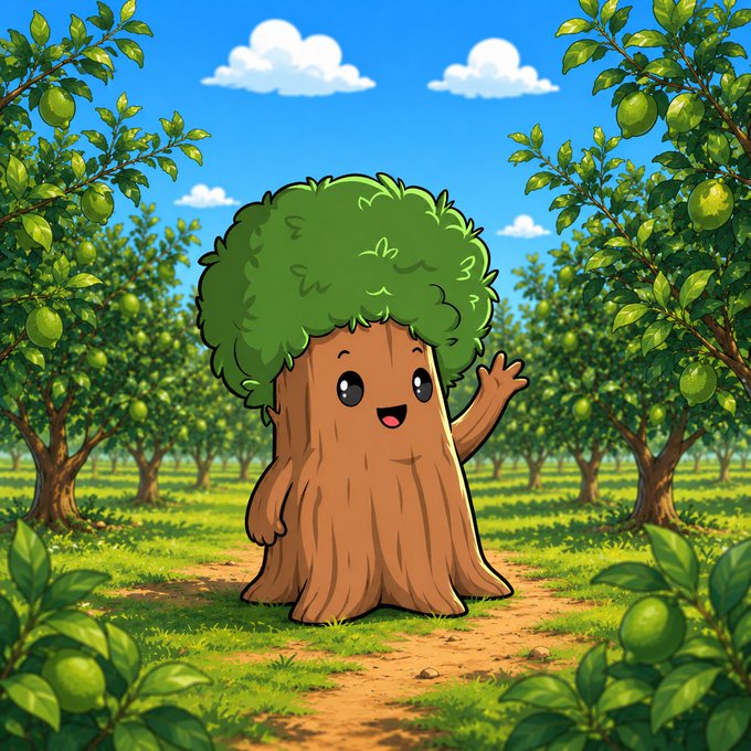 Cartoon illustration of a cheerful anthropomorphic tree character with a smiling face, waving from a grassy clearing in an orchard with green fruit trees under a blue sky.