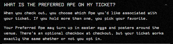 The image displays a help FAQ titled "WHAT IS THE PREFERRED APE ON MY TICKET?" explaining that the Preferred Ape is selected at checkout and may appear in easter eggs around the venue. The post references this feature, noting that the chosen ape (#6372) will be featured throughout the venue in Charleston.