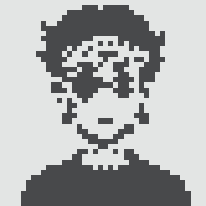 A pixel art portrait of a smiling person with short dark hair and a collared shirt, rendered in dark navy blue against a white background.
