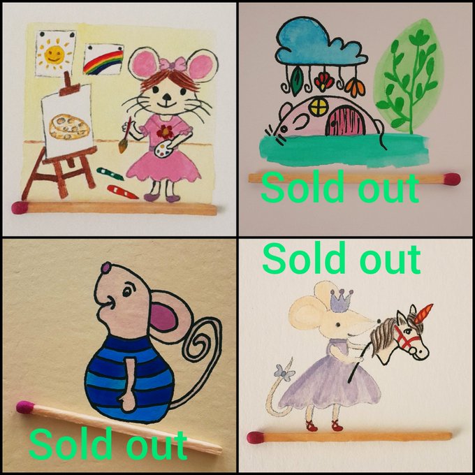 Four watercolor-style artworks (a mouse painting, a mushroom house, a striped mouse, and a princess mouse) are each labeled 'Sold out' in green text.