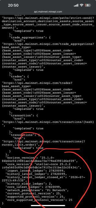 The image shows a mobile screenshot of API responses from api.mainnet.minepi.com, displaying endpoint paths such as "trade_aggregations," "trades," "transactions," and network details including "horizon_version": "25.1.0-..." and "network_passphrase": "Pi Network." This confirms the post's claim of "100% Complete v25 #PiNetwork," as the JSON response demonstrates Pi Network's Mainnet running on the latest Horizon v25 protocol.