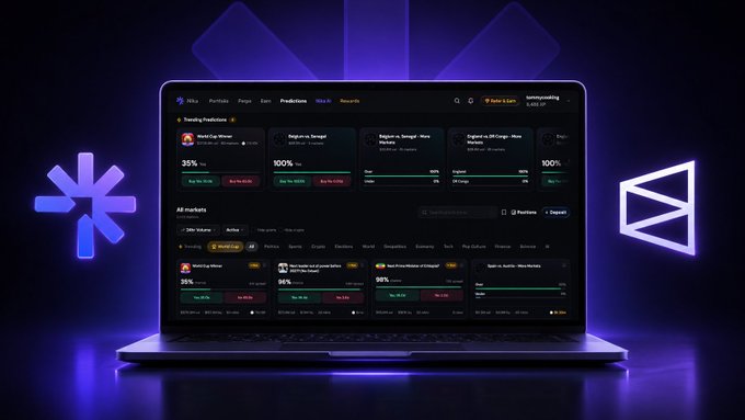 A laptop displays a dark-themed crypto market dashboard with portfolios and predictions including World Cup Brasil, Doge vs Dengu, and 24hr markets with various percentage returns, flanked by glowing blue asterisk and 'M' symbols.