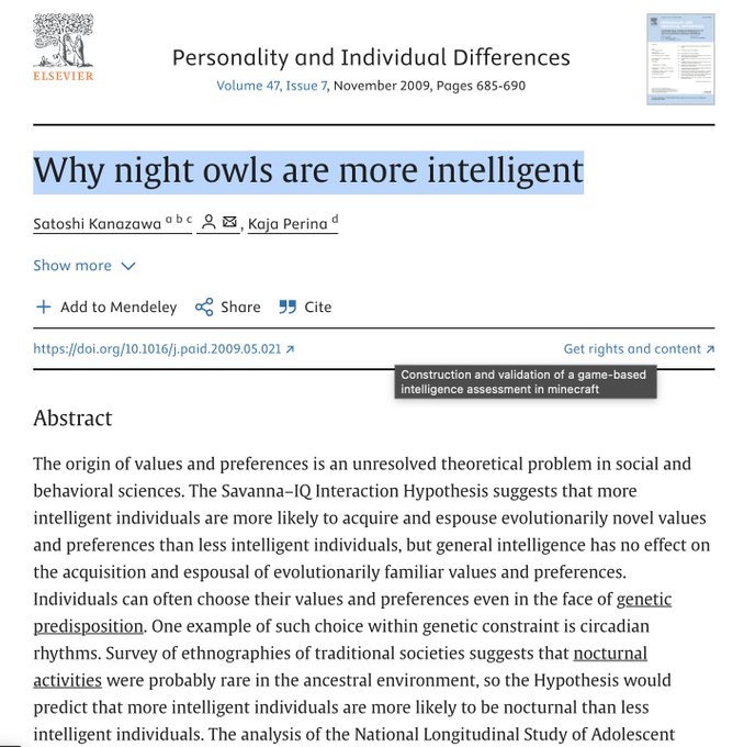 The image shows the abstract page of a 2009 research paper titled "Why night owls are more intelligent" by Satoshi Kanazawa and Kaja Perina, published in *Personality and Individual Differences* (Volume 47, Issue 7), which suggests that more intelligent individuals are more likely to be nocturnal due to the Savanna-IQ Interaction Hypothesis. This relates to the post "Ahh! That's why" as a humorous self-realization—implying the poster just discovered they're a "night owl" and is jokingly attributing it to higher intelligence.