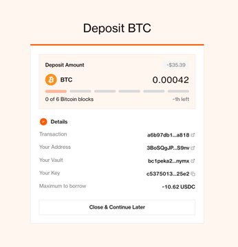 A screenshot of a cryptocurrency 'Deposit BTC' interface showing a deposit amount of 0.00042 BTC (~$35.39) with transaction details, vault address, and key information.