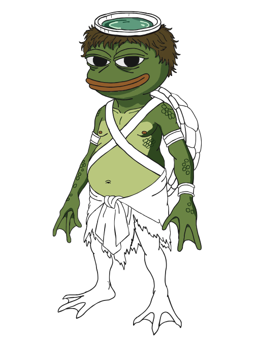 A cartoon illustration of a humanoid frog character with green, scaly skin, wearing a tattered white loincloth and a white sash, carrying a turtle shell.