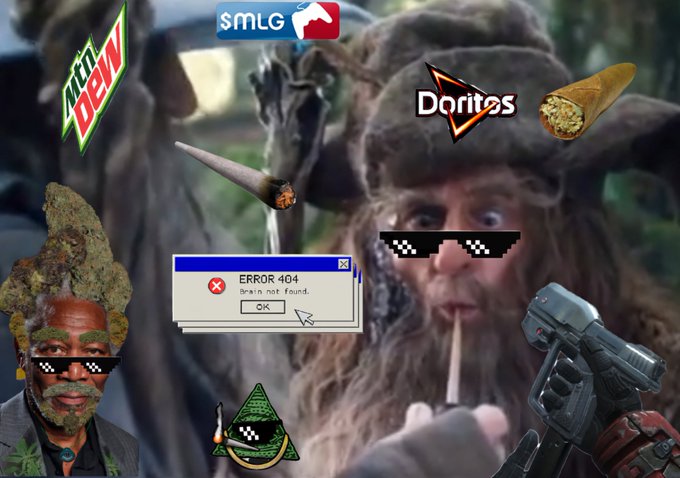 A chaotic meme-style image featuring a wizard-like figure smoking, overlaid with various elements including Mountain Dew and Doritos logos, a joint, a handgun, 'ERROR 404 - brain not found' pop-up, pixelated sunglasses, and a distorted face.