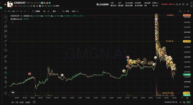 The image shows a CASHCAT (GMGN.AI) trading chart with a dramatic price spike reaching $2,654M, with the ticker "CASHCAT · 1 · GMGN" visible, illustrating the kind of meme coin volatility referenced in the post about exchange listing practices. The accompanying text discusses Binance's listing team increasing in sophistication since CASHCAT's appearance on Marscoin (MemeCore), with the chart's extreme price action reflecting the speculative trading patterns of such newly listed tokens.