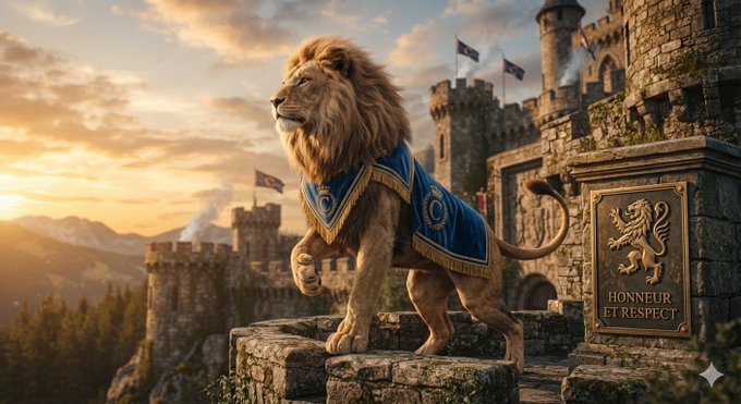 A majestic lion wearing a blue ceremonial cloak stands on a stone castle wall at sunset, with a banner reading 'HONNEUR ET RESPECT' displayed on the right.