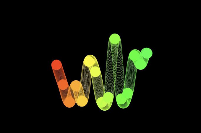 A glowing, multi-colored sound wave or equalizer visualization displayed in a stylized 'W' shape, transitioning from red and orange on the left to yellow and green on the right against a black background.