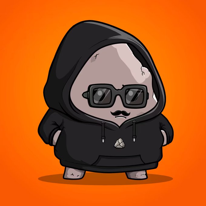 A chibi-style cartoon figure wearing a black hoodie and sunglasses with a small mustache stands against an orange background. The image playfully visualizes the post's message about "Hoodie" being the alpha NFT investment at a 0.016 ETH floor price, personifying the project as a confident, cool-looking character ready to pump from rock bottom.