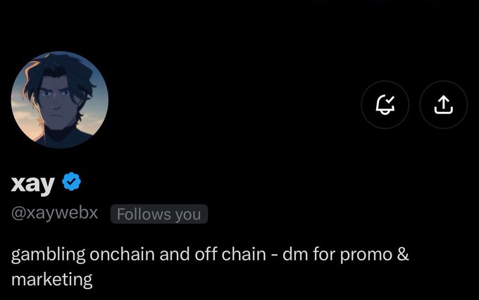 A social media profile for 'xay' (@xaywebx) with a verified checkmark, bio reading 'gambling onchain and off chain - dm for promo & marketing', and an anime-style avatar.