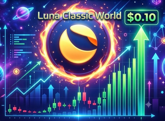 A vibrant promotional graphic for 'Luna Classic World' displaying a price of '$0.10' alongside upward-trending bar charts, candlestick graphs, and the Luna Classic logo surrounded by flames.