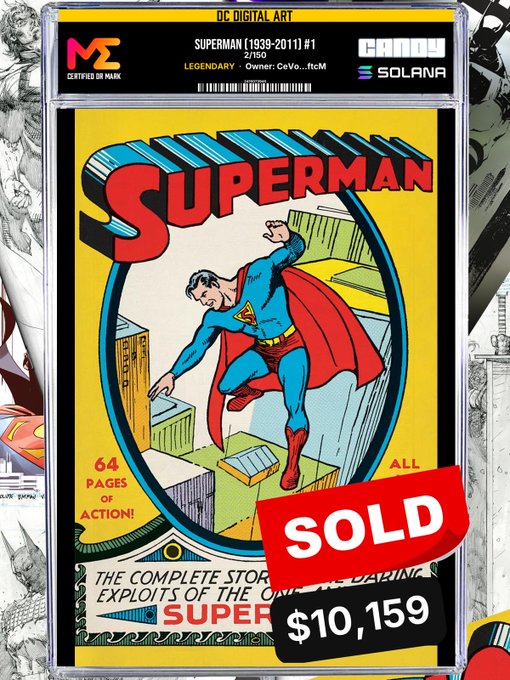 A graded and encased vintage "SUPERMAN" comic book (#1, 1939-2011) is marked as SOLD for $10,159, certified by Certified Gem Minty.